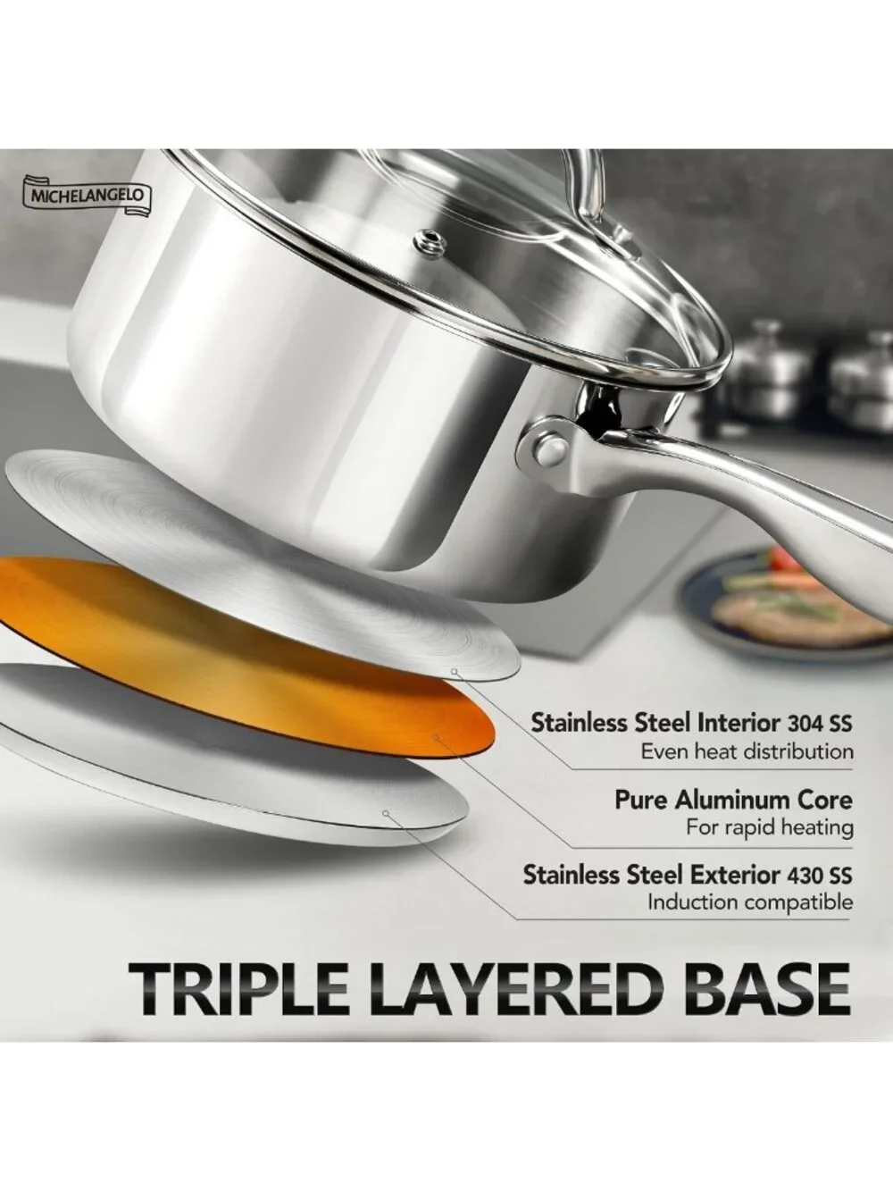 6-Piece Stainless Steel Cookware Set - 1QT, 2QT, 3QT Pots for Kitchen Cooking